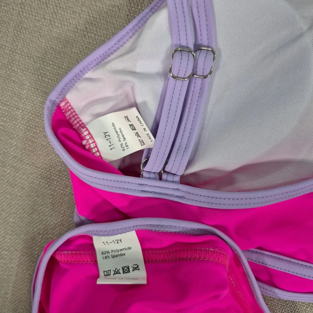 Girls Hot Pink and Purple Two Piece Swimsuit Bikini Set Size 11-12Y